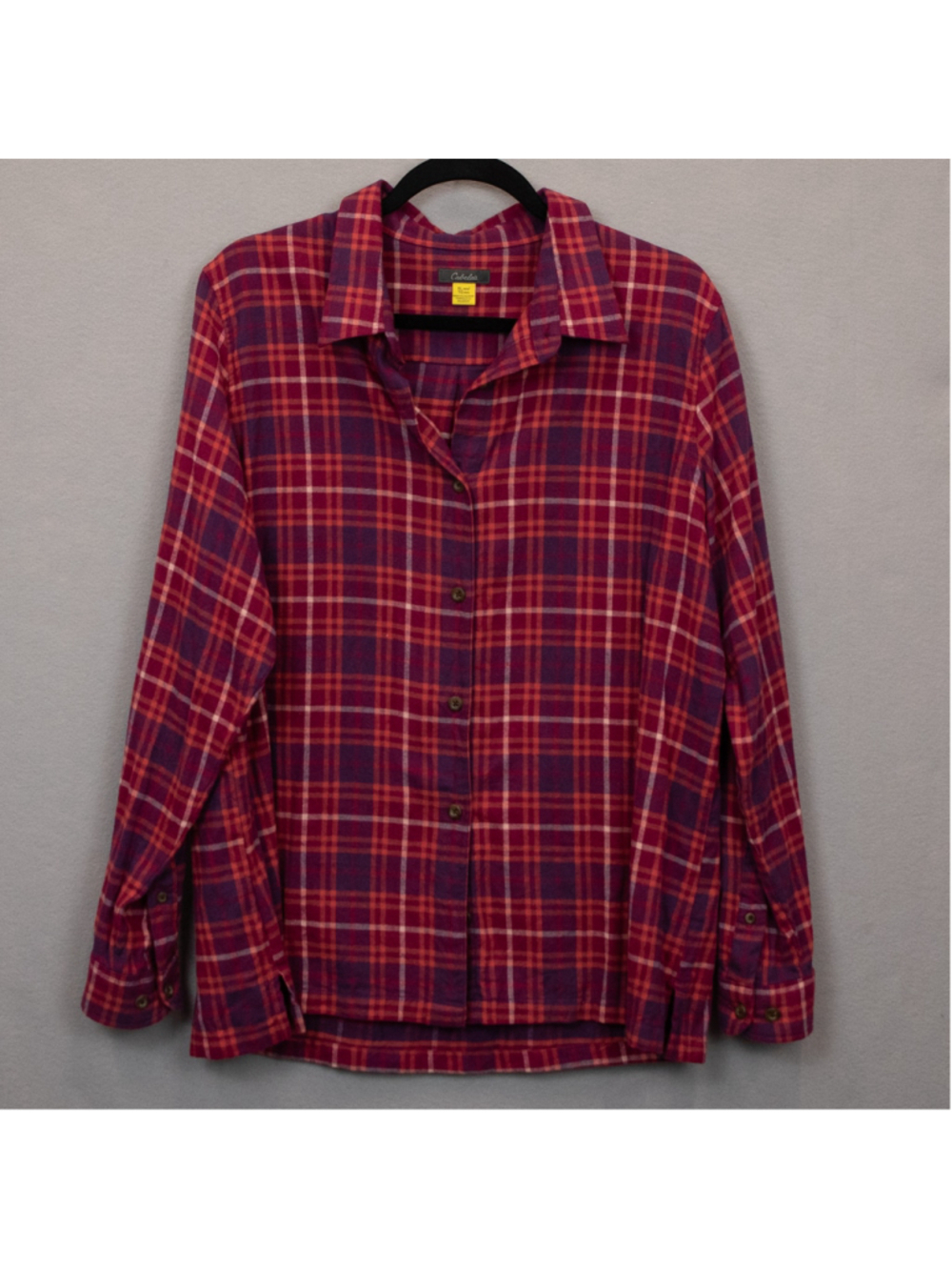 Cabela's pink purple plaid flannel button down shirt-XL